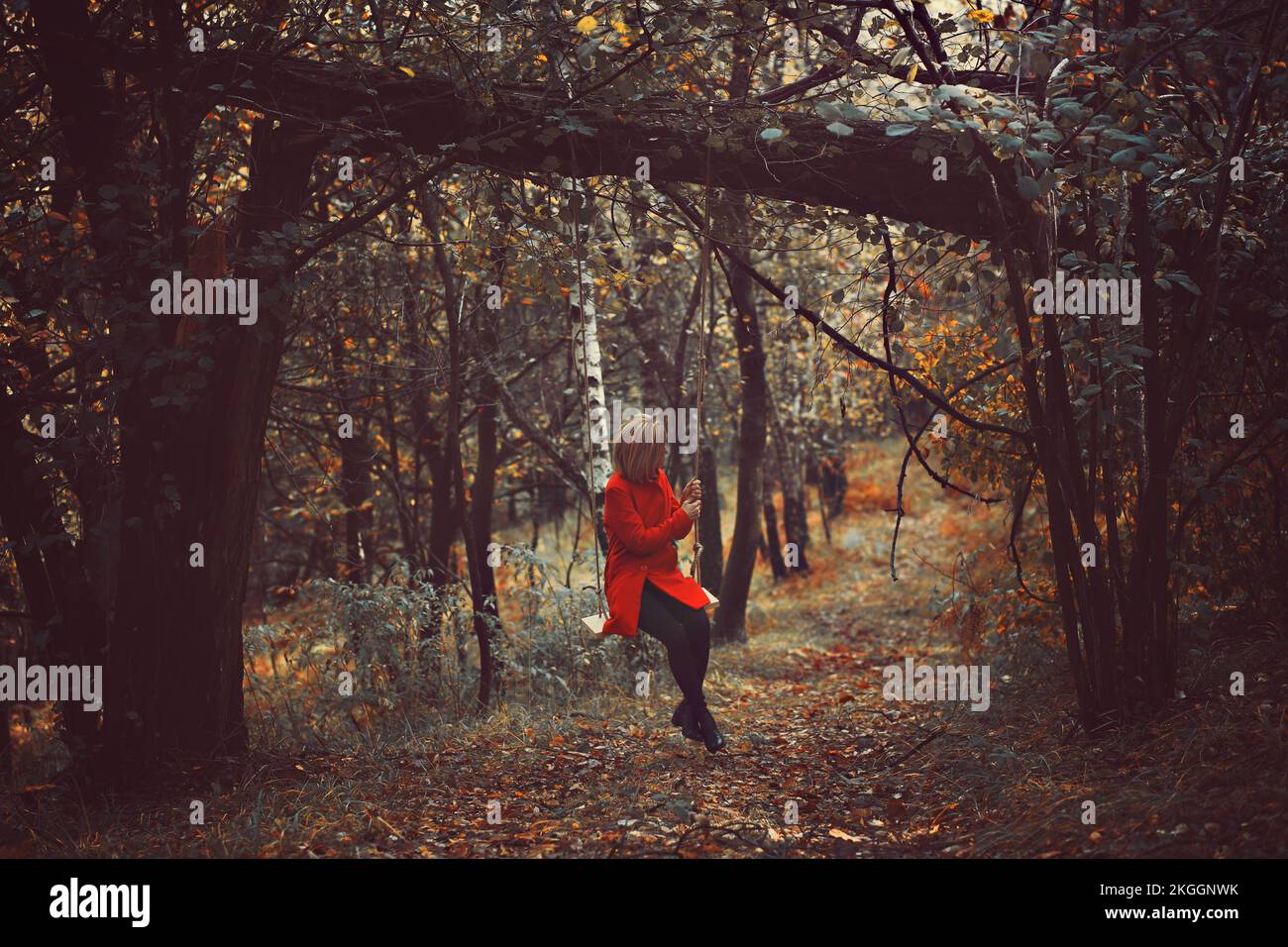 Frau allein im Herbstwald Stockfoto