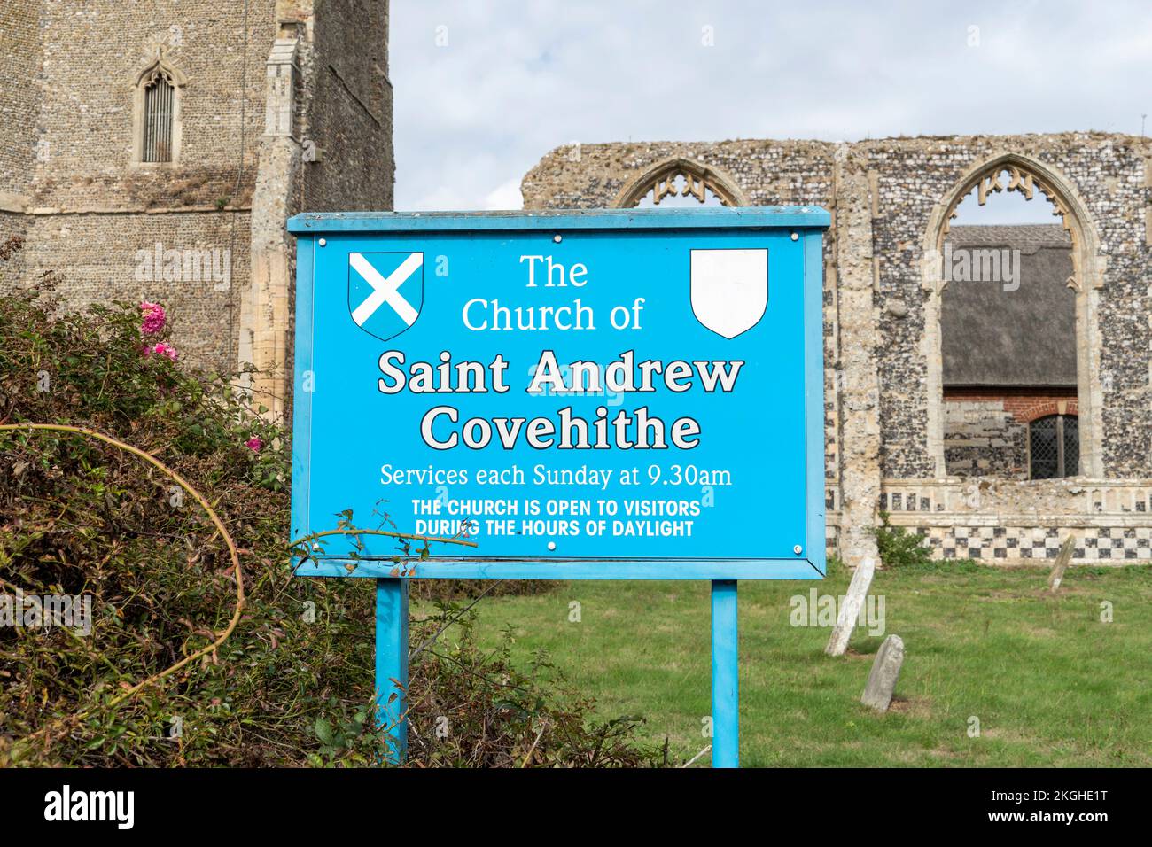Schild mit der Kirche St. Andrew Covehithe 2022 Stockfoto