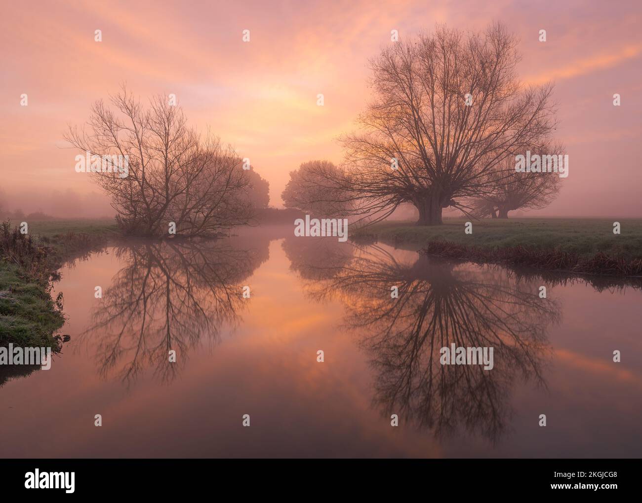 Warme Farbtöne Sonnenaufgang auf dem Fluss Stour zwischen Dedham und Flatford in Suffolk. Bäume Silhouetten gegen warme, aufgehende Sonne. Nebeliger Morgen in Suffolk. Stockfoto