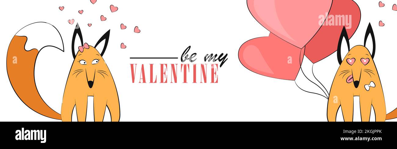 Bannerdesign für Valentinstag. Lustige, handgezeichnete, verliebte Füchse. Sei mein Valentinstag. Flyer-Geschenkgutschein mit pinkfarbenen Ballons Herzen. Kreatives Weihnachtsdesign Stock Vektor