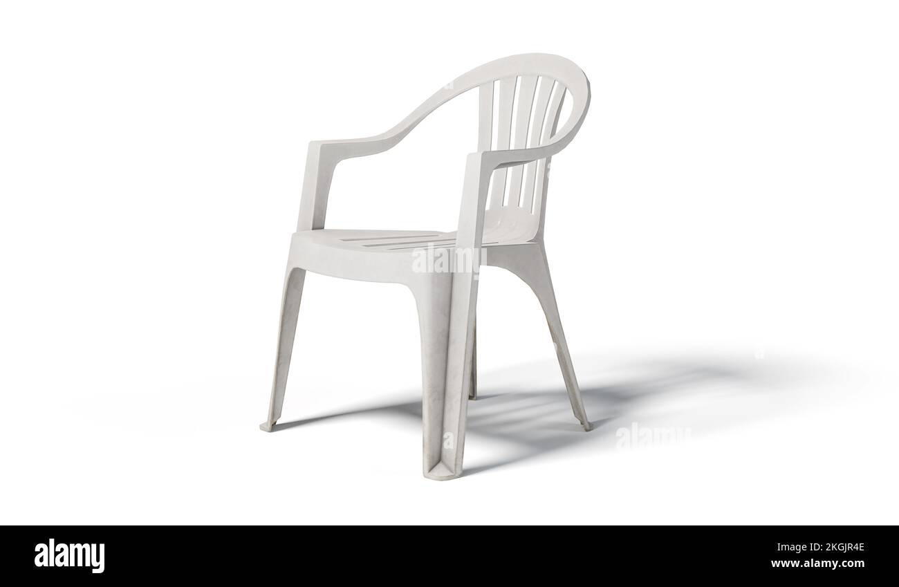 Weiße monobloc-Kunststoffstühle, isoliert auf weißem Hintergrund. Beschneidungspfad enthalten. Stockfoto