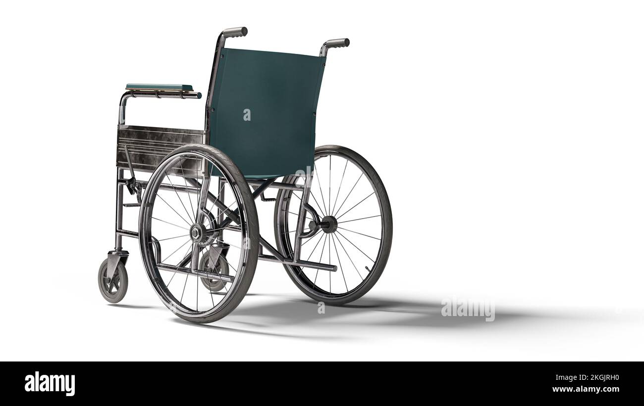 Rollstuhl isoliert. Transportstuhl bei Krankheit, Verletzung oder Behinderung, medizinische Hilfsmittel. Auf weißem Hintergrund. Beschneidungspfad einschließen Stockfoto