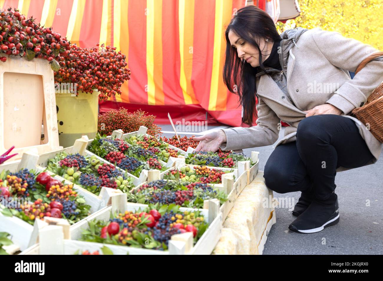 Eine Frau im beigen Mantel untersucht Beeren-, Obst- und Laubkränze auf einem Straßenmarkt in Österreich, Salzburg Stockfoto