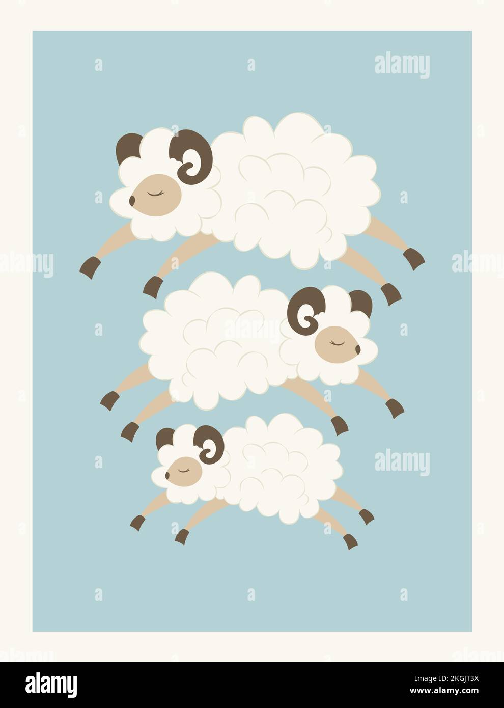 Lustige flauschige Schafe spielen Springfrosch. Süßes und gemütliches Poster für ein Kinderzimmer. Druck für Kinderkleidung, Utensilien, Geschenkgutscheine, Teller, Becher, Gut Stock Vektor