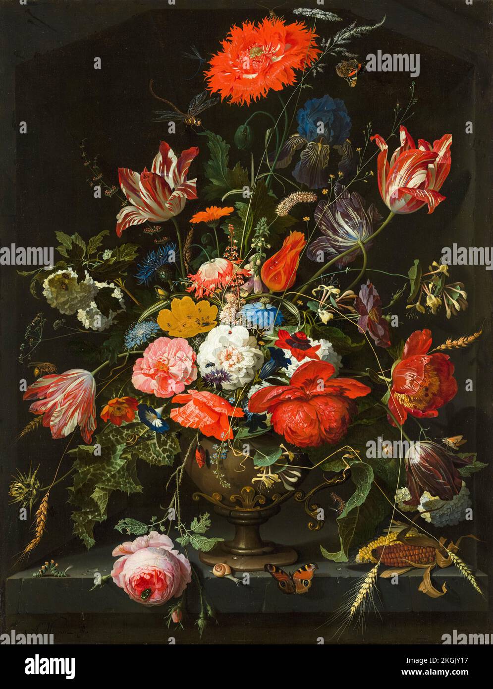Abraham Mignon, Blumen in einer Metallvase, Still Life-Gemälde in Öl auf Leinwand, ca. 1670 Stockfoto