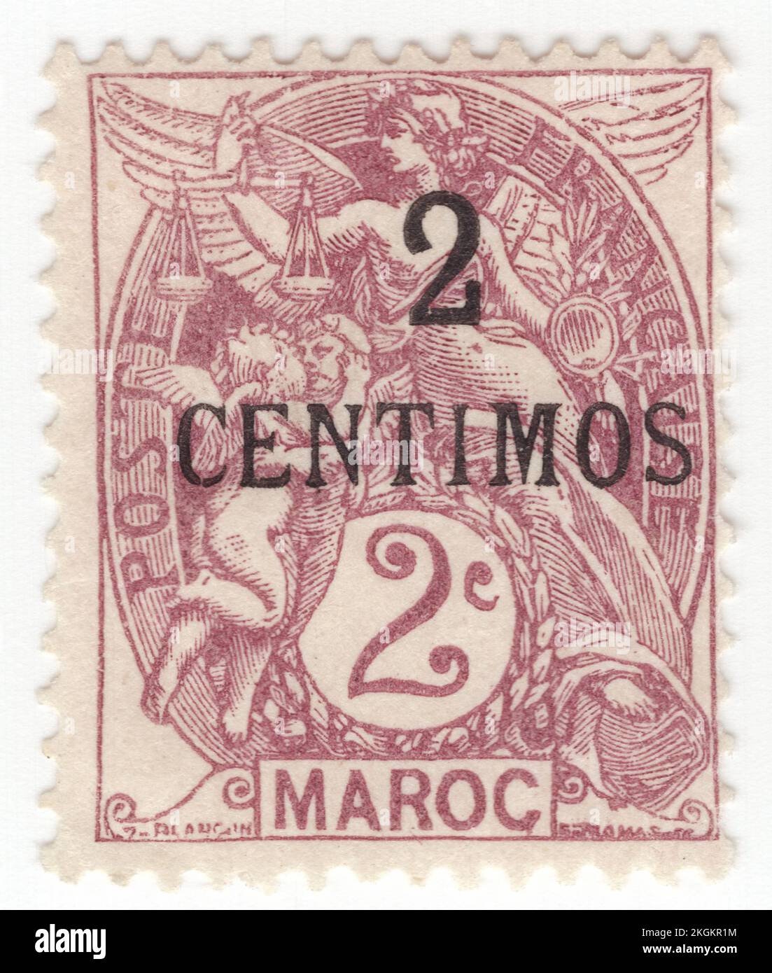 FRANZÖSISCH-MAROKKO - 1908: Eine violett-braune Briefmarke von 2 Centimus auf 2 Centimes, die die alte Göttin als Allegorie "Freiheit, Gleichheit, Brüderlichkeit" darstellt. Französische Standardausgabe "Blanc", entworfen von Paul-Joseph Blanc. Capital — Rabat. Das französische Marokko war von 1912 bis 1956 ein französisches Protektorat, als es zusammen mit den spanischen und tangischen Zonen Marokkos das unabhängige Land Marokko wurde. In der internationalen Zone Tanger im Norden Marokkos wurden Briefmarken mit der Aufschrift „Tanger“ verwendet Stockfoto