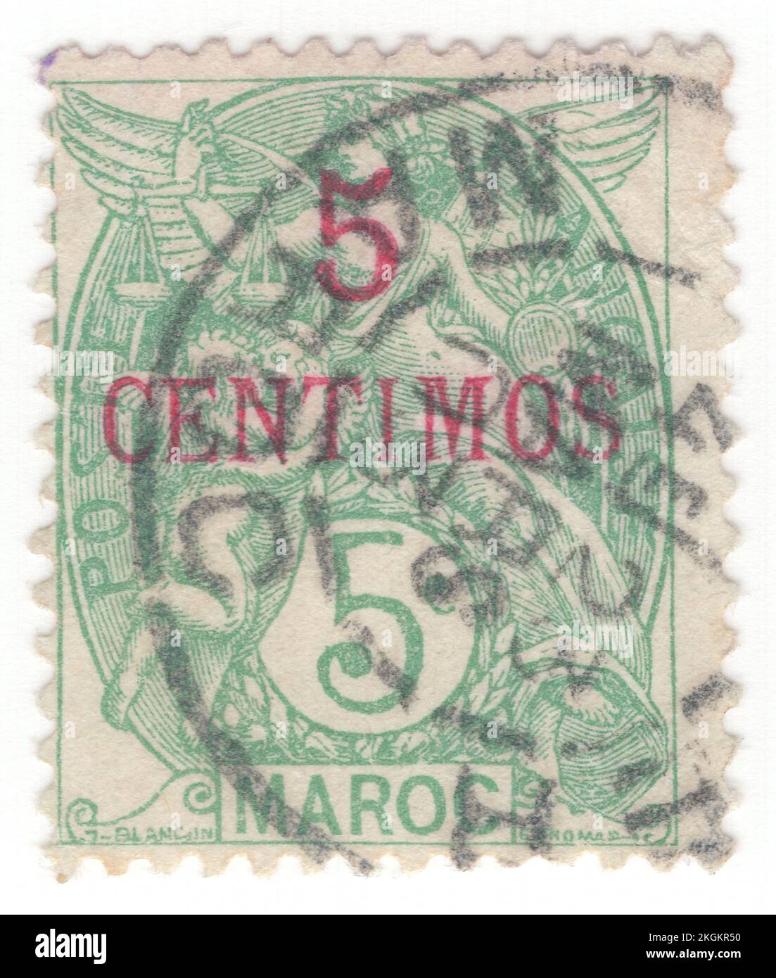 FRANZÖSISCH-MAROKKO - 1902: Eine grüne Briefmarke mit 5 Centimus auf 5 Centimes, die die alte Göttin als Allegorie "Freiheit, Gleichheit, Brüderlichkeit" darstellt. Französische Standardausgabe "Blanc", entworfen von Paul-Joseph Blanc. Capital — Rabat. Das französische Marokko war von 1912 bis 1956 ein französisches Protektorat, als es zusammen mit den spanischen und tangischen Zonen Marokkos das unabhängige Land Marokko wurde. In der internationalen Zone Tanger im Norden Marokkos wurden Briefmarken mit der Aufschrift „Tanger“ verwendet Stockfoto
