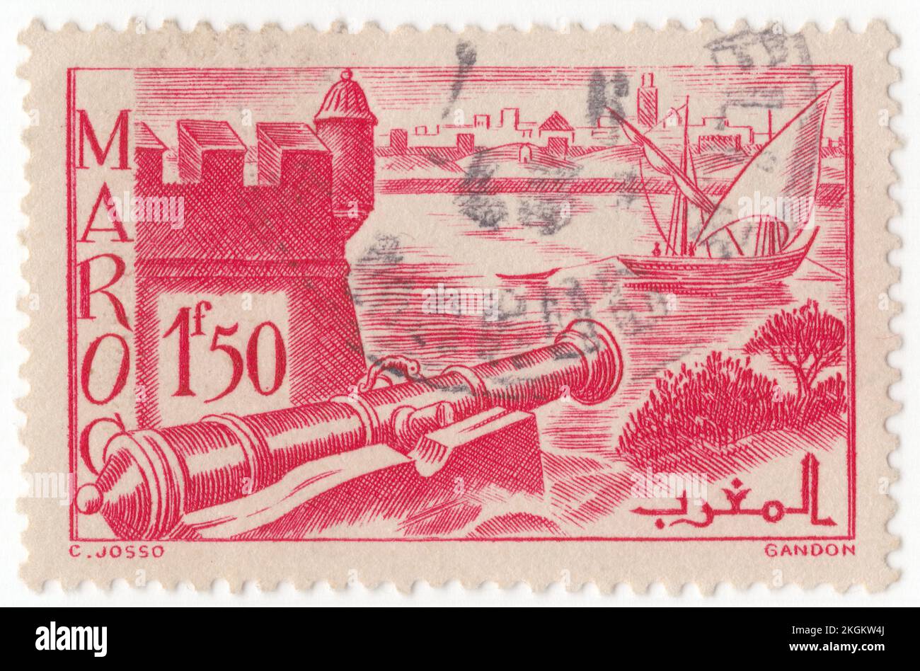 FRANZÖSISCH-MAROKKO - 1940: Eine Briefmarke von 1,50 Francs, die die Stadtmauern von Sale darstellt, die Stadt im Nordwesten Marokkos, am rechten Ufer des Flusses Bou Regreg, gegenüber der Landeshauptstadt Rabat, für die sie als Pendlerstadt dient. Gegründet etwa 1030 von der Banu Ifran, wurde sie später im 17.. Jahrhundert als unabhängige republik zu einem Hafen für Piraten, bevor sie in Alaouite Marokko aufgenommen wurde. Der Name der Stadt wird manchmal transliteriert als Salli oder Sallee. Die Nationalstraße 6 verbindet sie nach Fez und Meknes im Osten und die N1 nach Kénitra im Nordosten Stockfoto