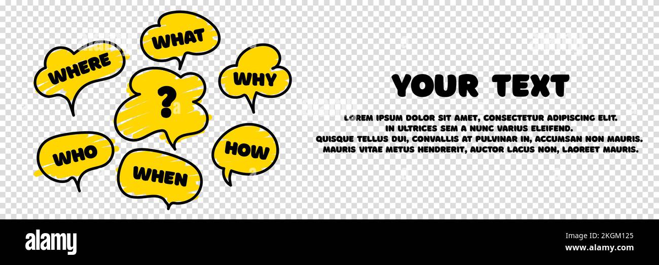 Banner mit der Frage, was, wie, warum, was und wo. Webbanner für Unternehmen. Platz für Ihre SMS. Stellen und Fragezeichen. Einbeziehung der Kommunikation PEO Stock Vektor Banner mit der Frage, was, wie, warum, was und wo. Webbanner für Unternehmen. Platz für Ihre SMS. Stellen und Fragezeichen. Einbeziehung der Kommunikation PEO Stock Vektor