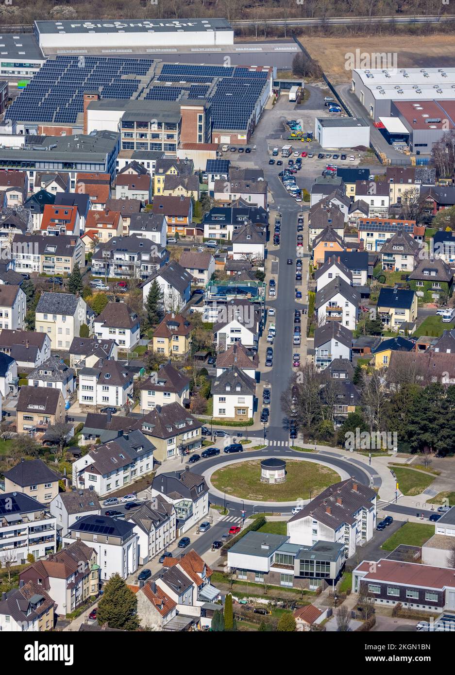 Luftaufnahme, Umgestaltung des Kreisverkehrs Pfarrer-Leo-Reiners-Platz, vormals Ehmsenplatz in Neheim, Arnsberg, Sauerland, Nordrhein-Westfalen, Deutschland, Stockfoto