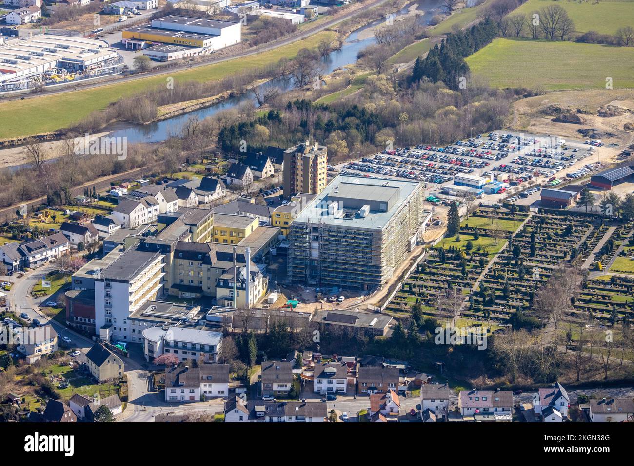 Luftaufnahme, Klinikum Hochsauerland in Hüsten, Arnsberg, Sauerland, Nordrhein-Westfalen, Deutschland, DE, Europa, Gesundheitswesen, Krankenhaus, Klinik, Clinica Stockfoto