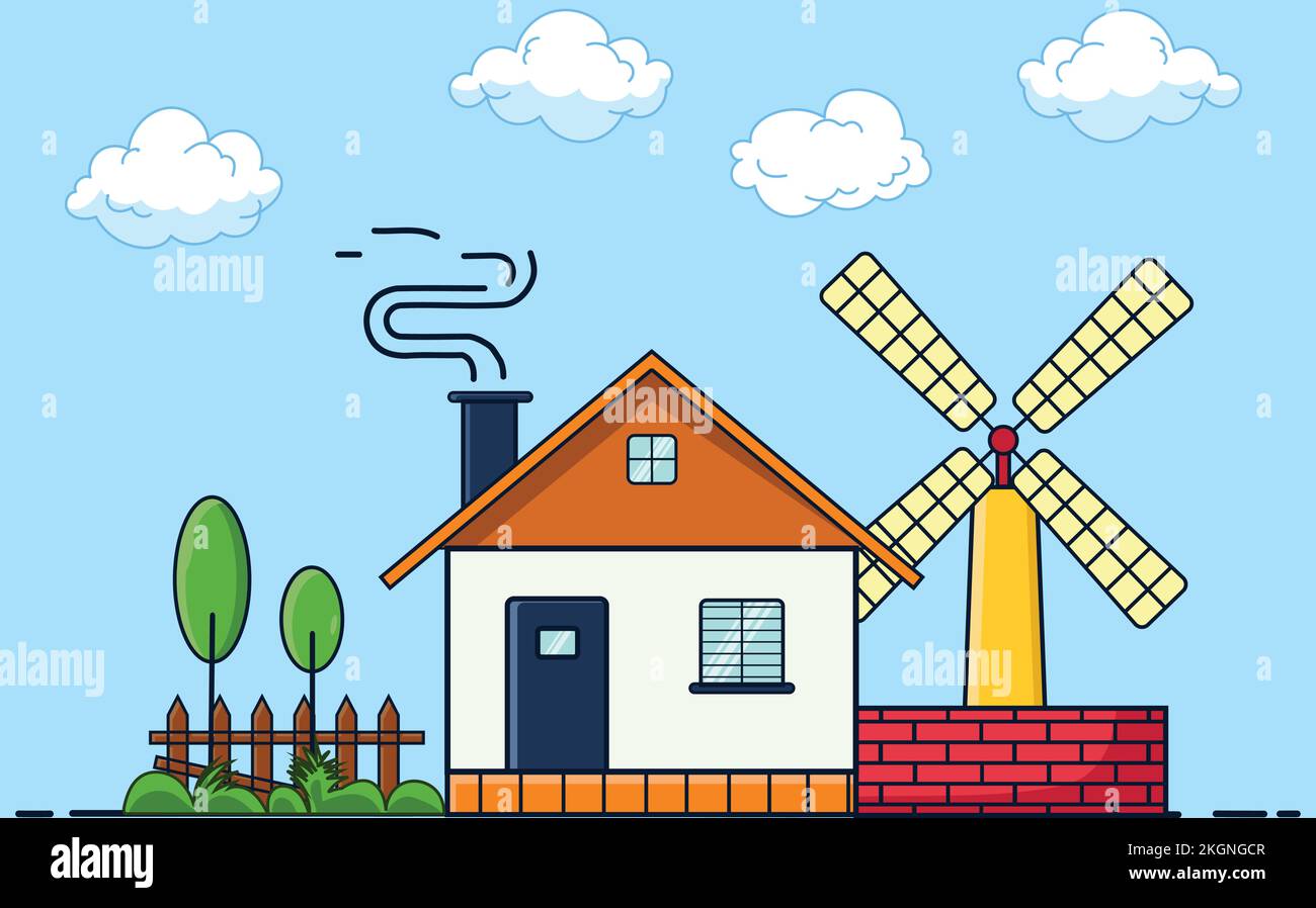 Alte Bauernhauslandschaft, altes Bauernhaus mit Landschaft mit Wolken und roter Mauer und Windmühle und Bäumen Stock Vektor