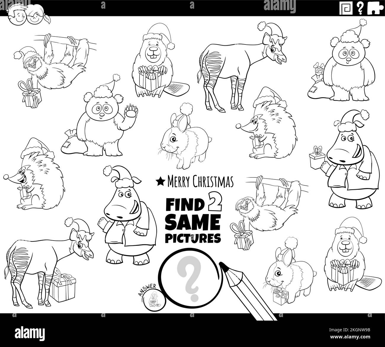 Schwarz-weiß-Cartoon, in dem zwei gleiche Bilder zu finden sind pädagogische Aufgabe mit lustigen Tieren mit Weihnachtsgeschenken Malseite Stock Vektor