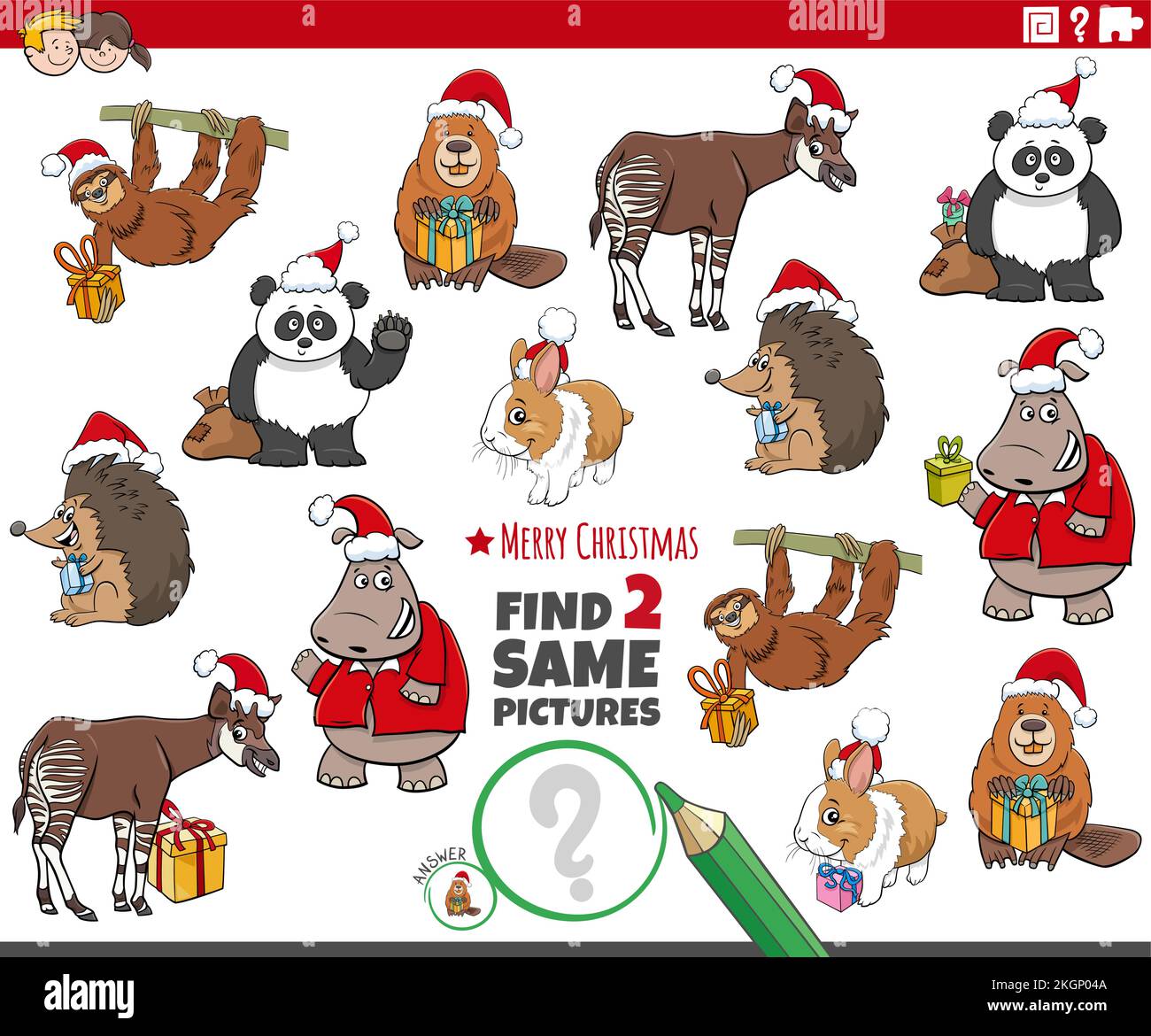 Cartoon-Darstellung, wie man zwei gleiche Bilder findet pädagogische Aufgabe mit lustigen Tieren mit Weihnachtsgeschenken Stock Vektor