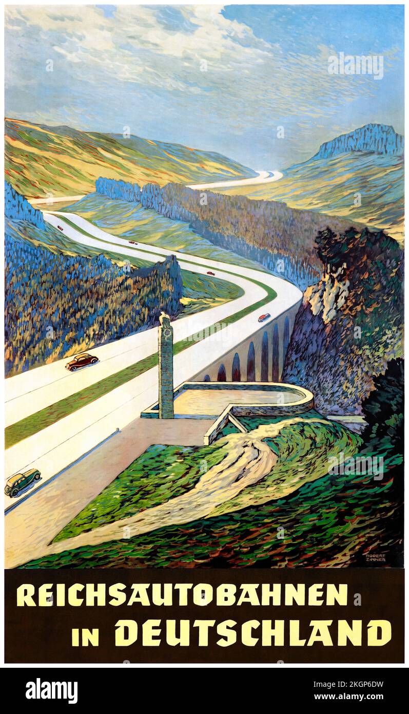 Reichsautobahnen in Deutschland von Robert Zinner (1904-1988). Poster 1936 in Deutschland veröffentlicht. Stockfoto