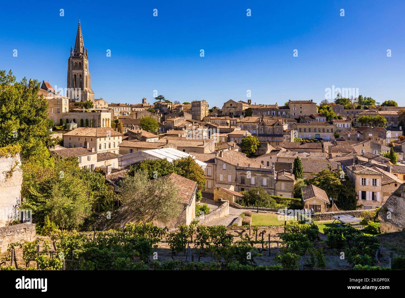 Frankreich, Nouvelle-Aquitaine, Saint-Emilion, Blick auf die historische Stadt mit monolithischer Kirche im Hintergrund Stockfoto
