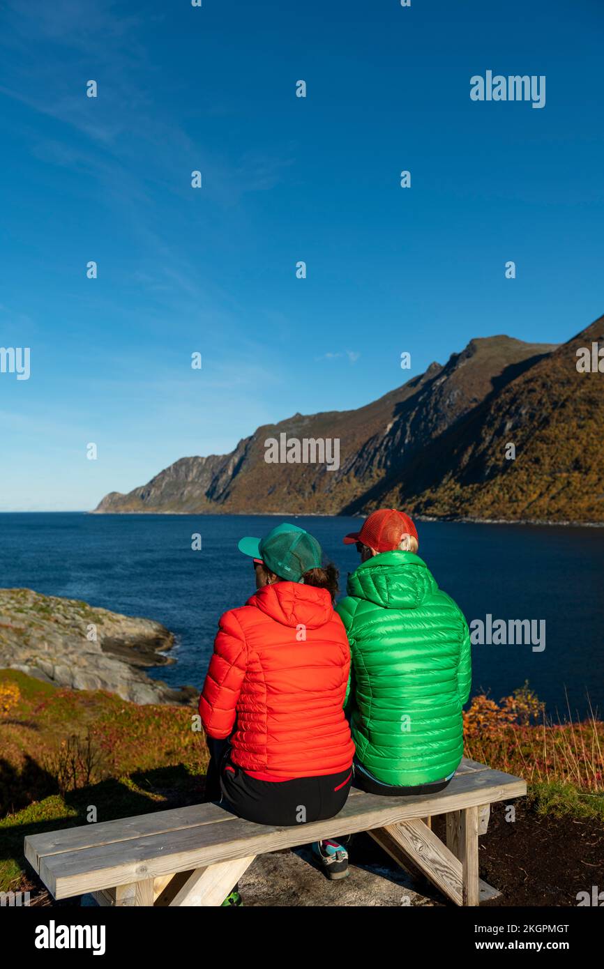 Freunde, die an sonnigen Tagen auf das Meer schauen Stockfoto