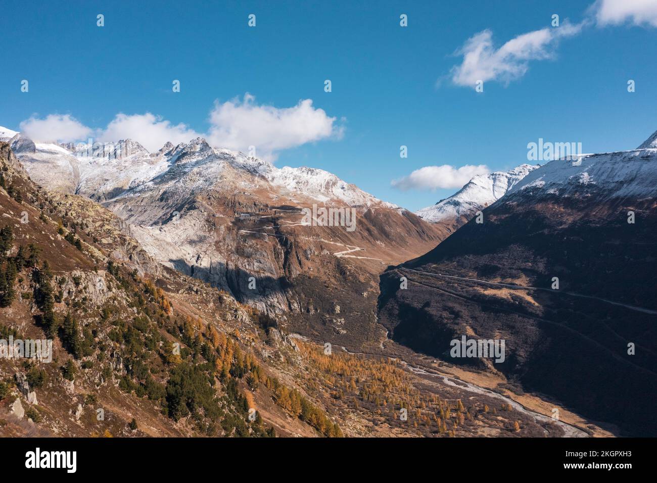 Schweiz, Wallis, Blick aus der Vogelperspektive auf den Furka Pass Stockfoto