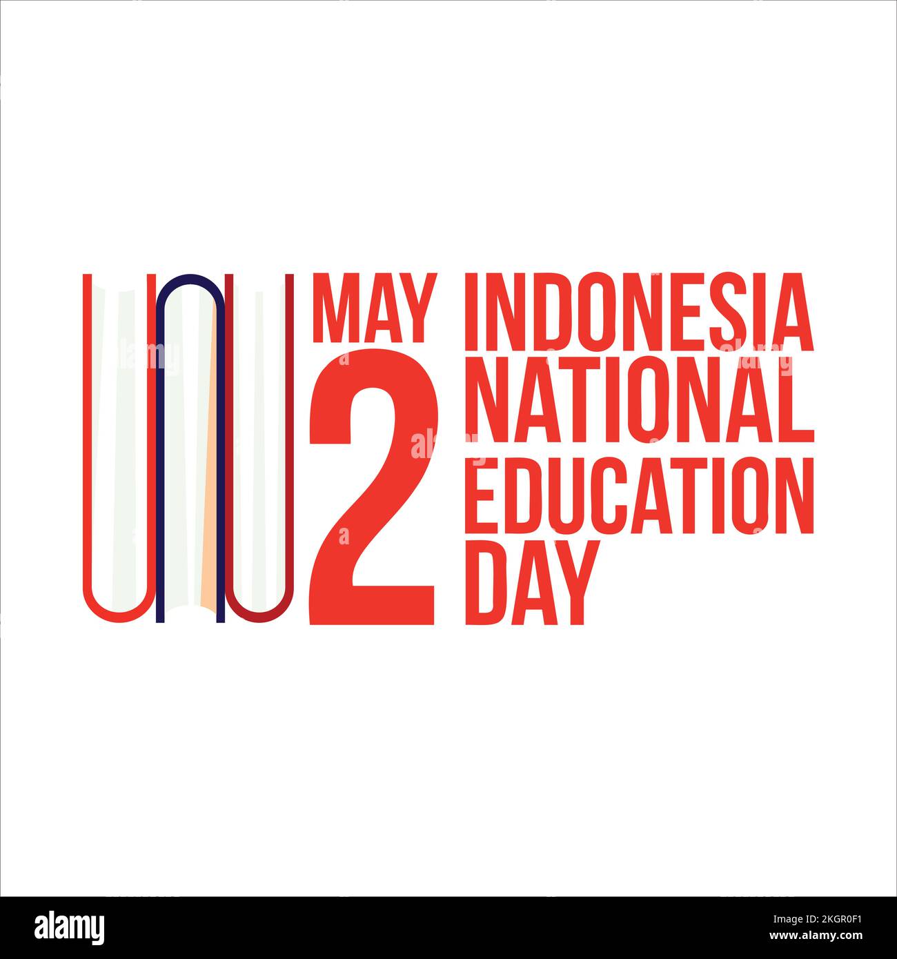 2.. Mai Indonesischer nationaler Schultag mit rotem Texteffekt und mehrfarbigen Büchern auf weißem Hintergrund, Bildungstag Vektorbild w Stock Vektor