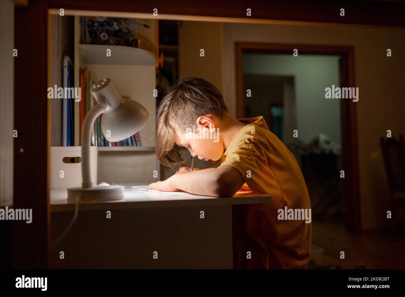 Student, der zu Hause unter Schreibtischlampe lernt Stockfoto