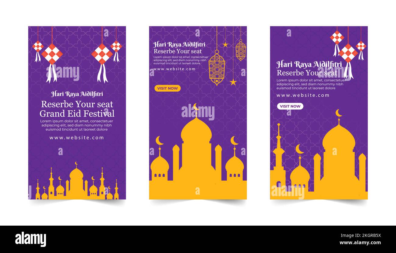 Eid al-Fitr Islamic Instagram Story Template Kollektion, Ramadan Instagram Story, Banner in Gelb und Lila Stock Vektor