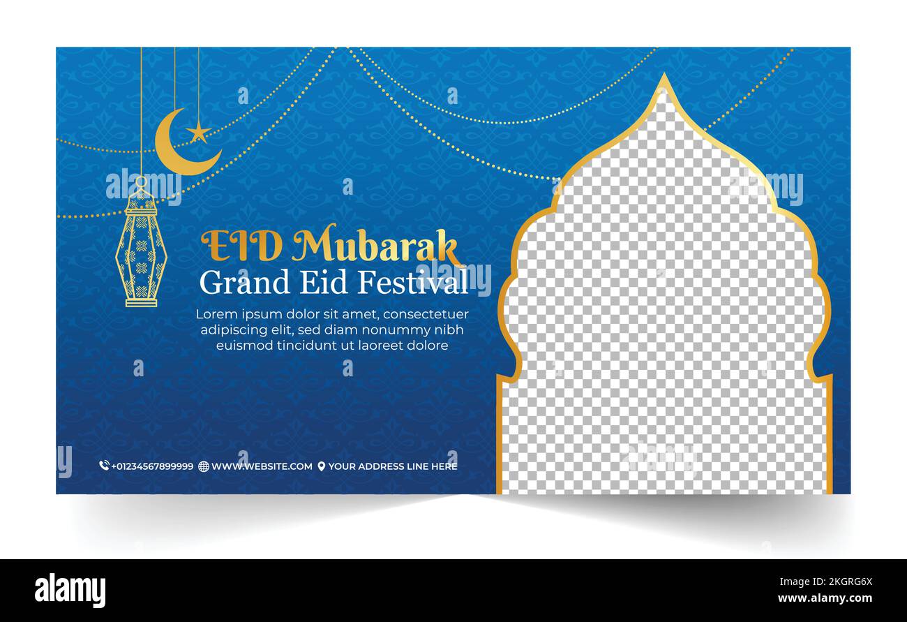 Bannerdesign des Eid Mubarak Grand Festivals, Eid al-Fitr Islamic Banner Vorlagenkollektion, Ramadan Flayer, Banner in Gelb und Blau Stock Vektor