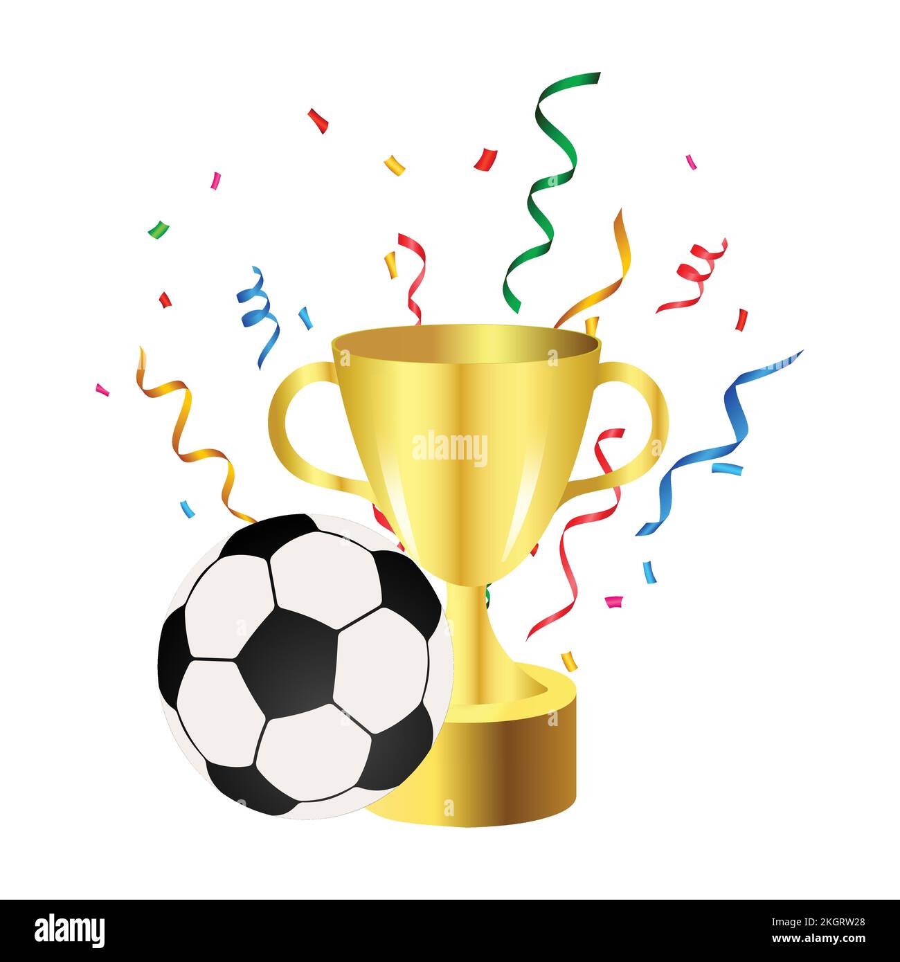 Fußball und Tasse isoliert auf weißem Hintergrund. Fußballweltmeisterschaftskonzept. Design der Fußballweltmeisterschaft 2022 mit Fußball und Siegerpokal Stock Vektor