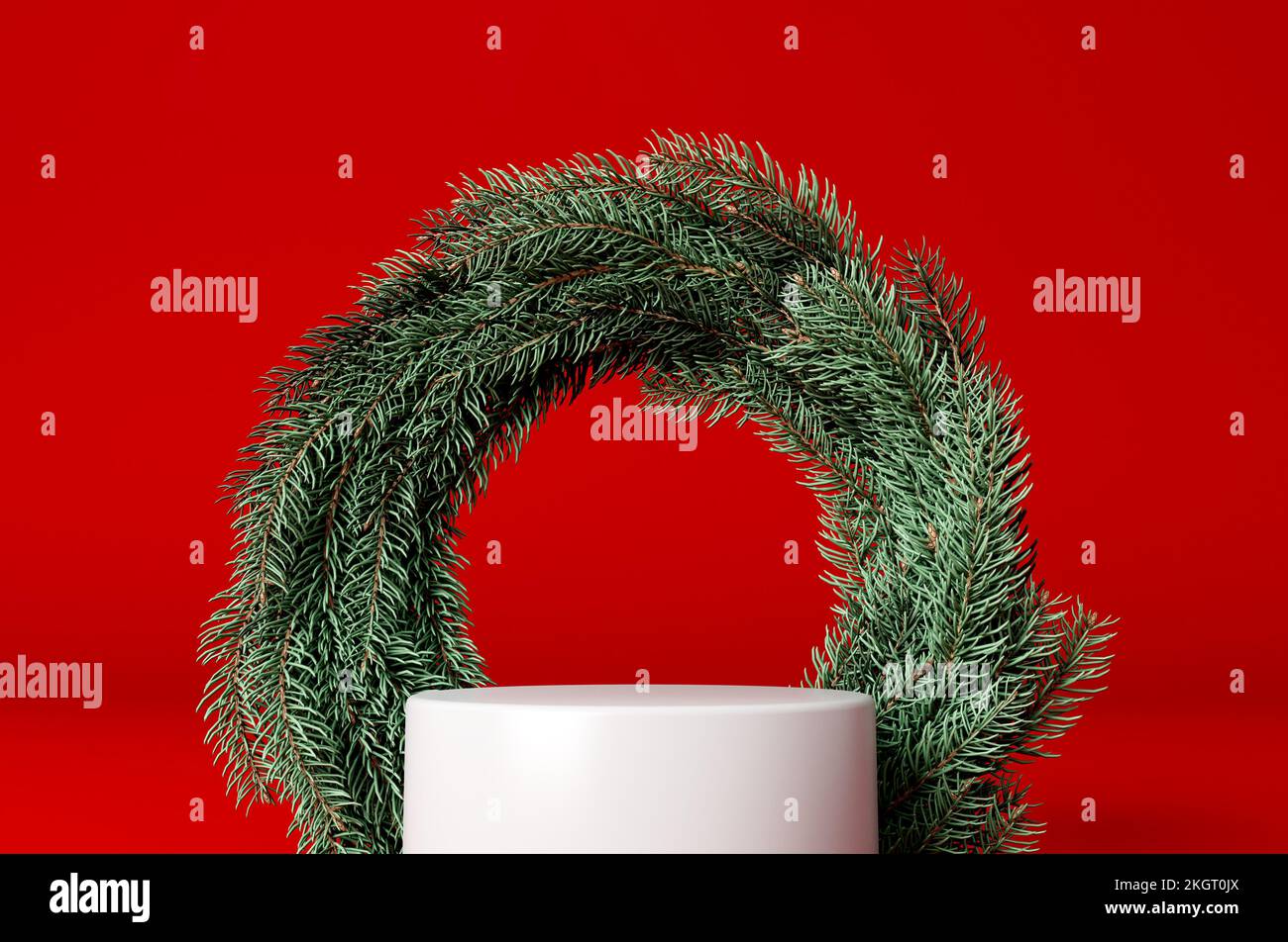 Festlicher podiumständer für weihnachtsartikel mit Kranz. 3D-Rendering Stockfoto