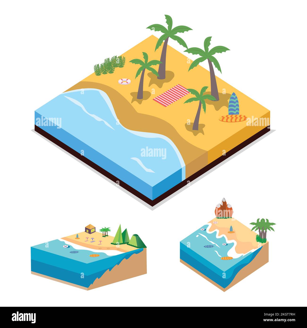 2,5D Sandy Beach Landschaftsvektordesign. Sandstrand-Kollektion mit Rettungsring und Surfbrett. Kunst an der Küste von 3D mit Rettungsring und Sonnenbad. Stock Vektor