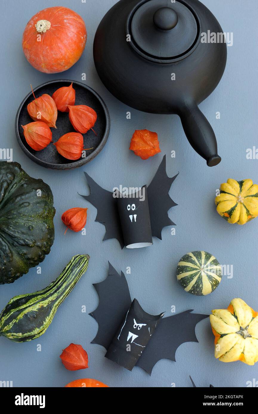 Studioaufnahmen verschiedener herbstlicher Kürbisse, Kürbisse und Halloween-Fledermäuse Stockfoto