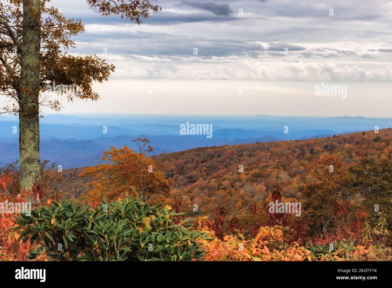 Der Green Mountain Overlook am Blue Ridge Parkway von North Carolina liegt auf einer Höhe von 4134 Metern. Stockfoto