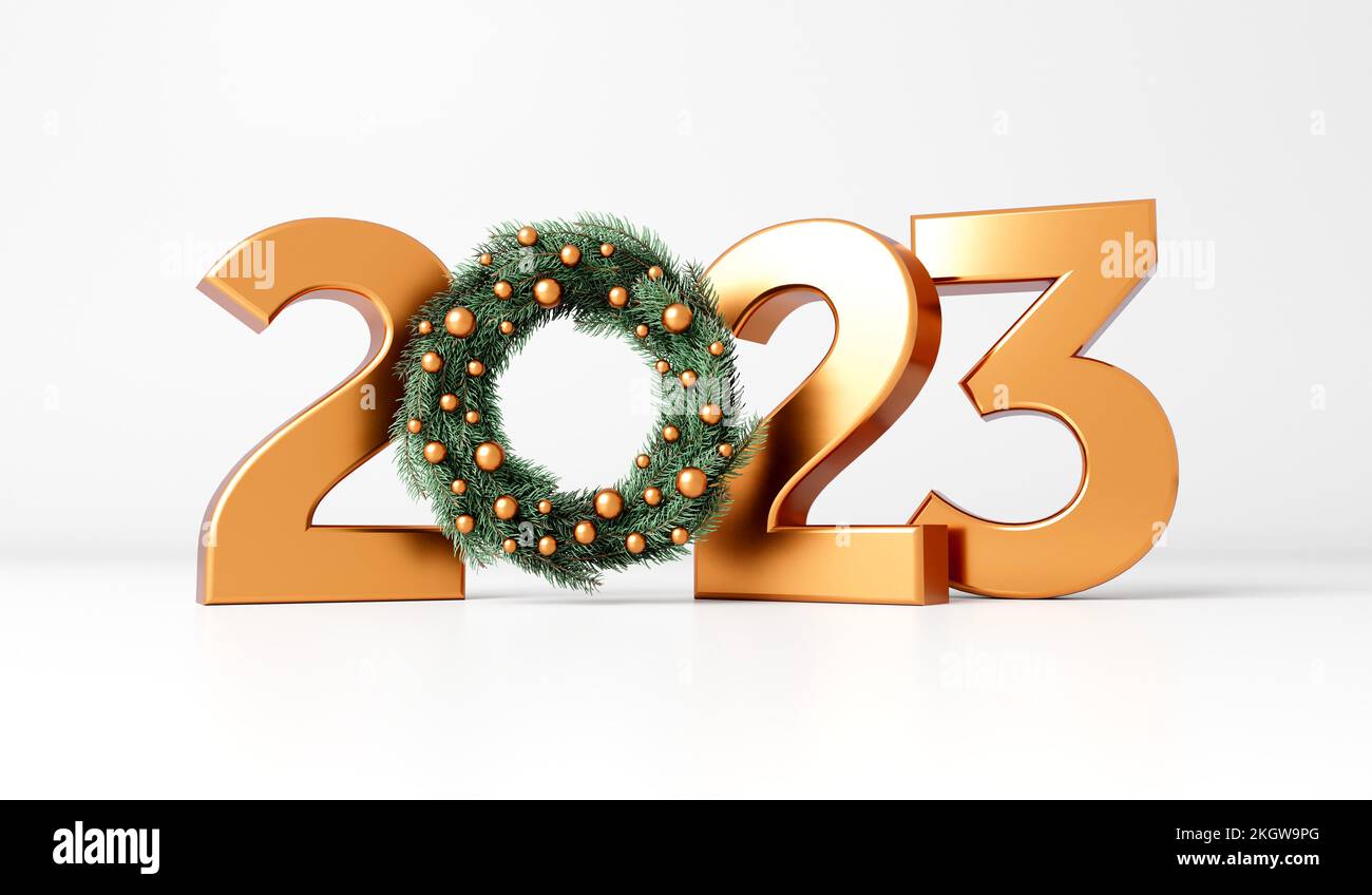 Frohes neues Jahr 2022 Goldtext mit festlichem Tannenkranz. 3D-Rendering Stockfoto