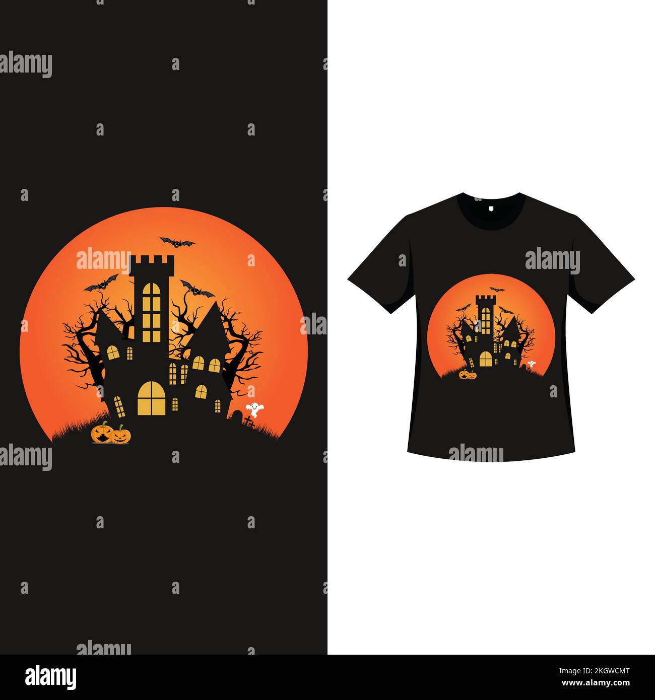 Halloween-T-Shirt-Design in Vintage-Farbe und Spukhaus. Silhouettendesign mit Spukelementen, Kürbislaterne, Haus und totem Baum. Furchterregender T-sh Stock Vektor