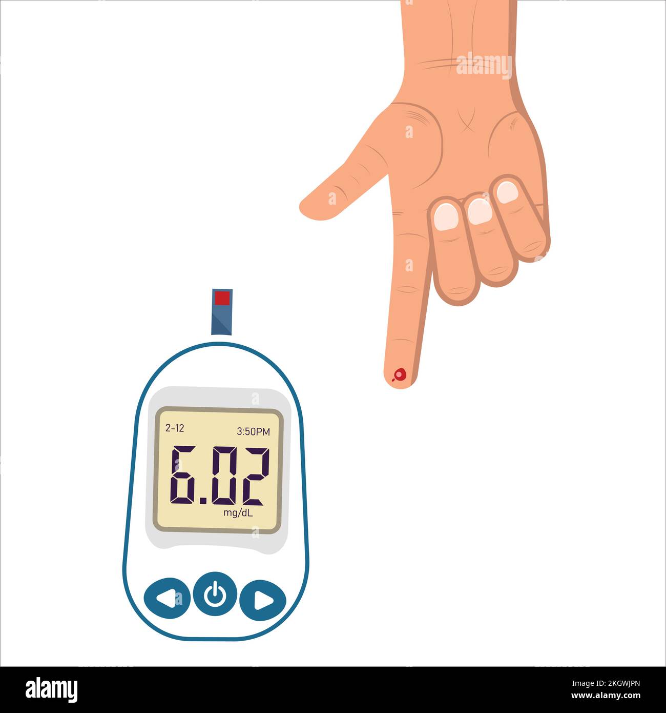 Das Konzept der Diabetesbehandlung. Blutstropfen-Teststreifen. Diabeteskonzept, Arzt prüft Blutzuckerspiegel mit einem Glukometer. Medizinische Diagnostik bei Ho Stock Vektor