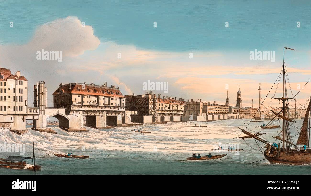 Die alte London Bridge wurde von Saint Olave's Treppe in1751, nach John Boydell, genommen Stockfoto