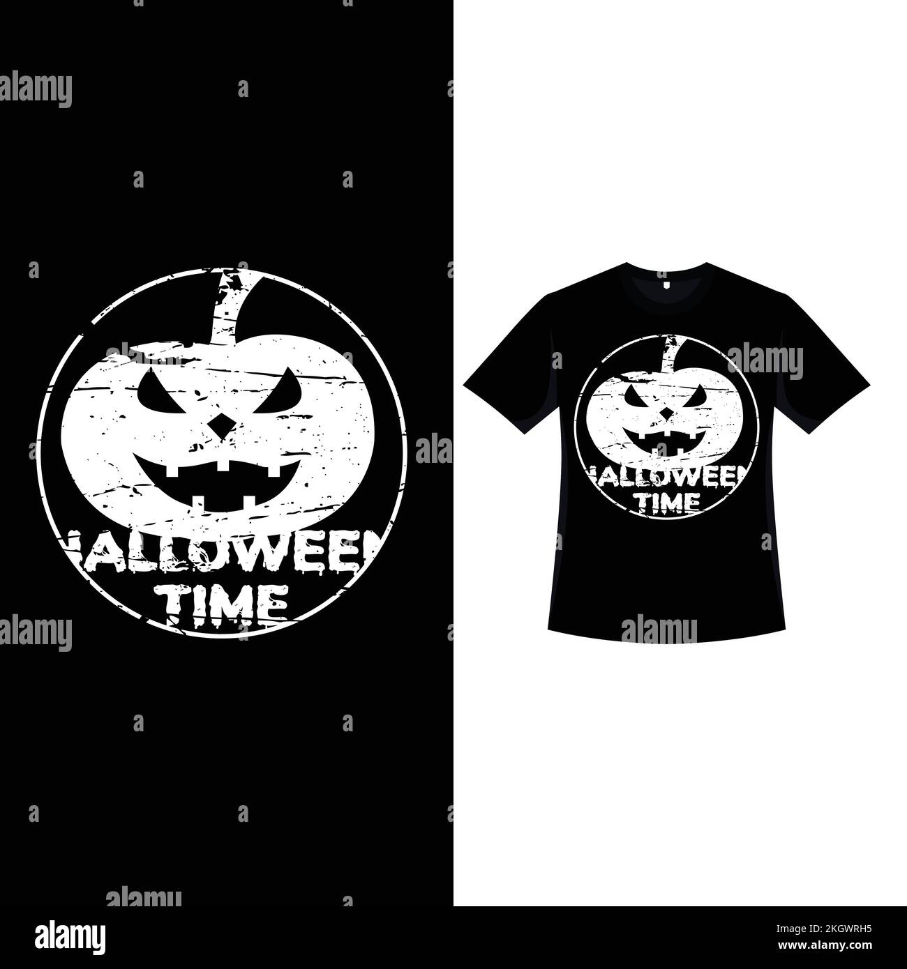 Halloween-T-Shirt-Design mit gruseliger Kürbislaterne und Typografie. Schwarzes Halloween-T-Shirt-Design mit gruseligem Kürbis in Weiß Stock Vektor