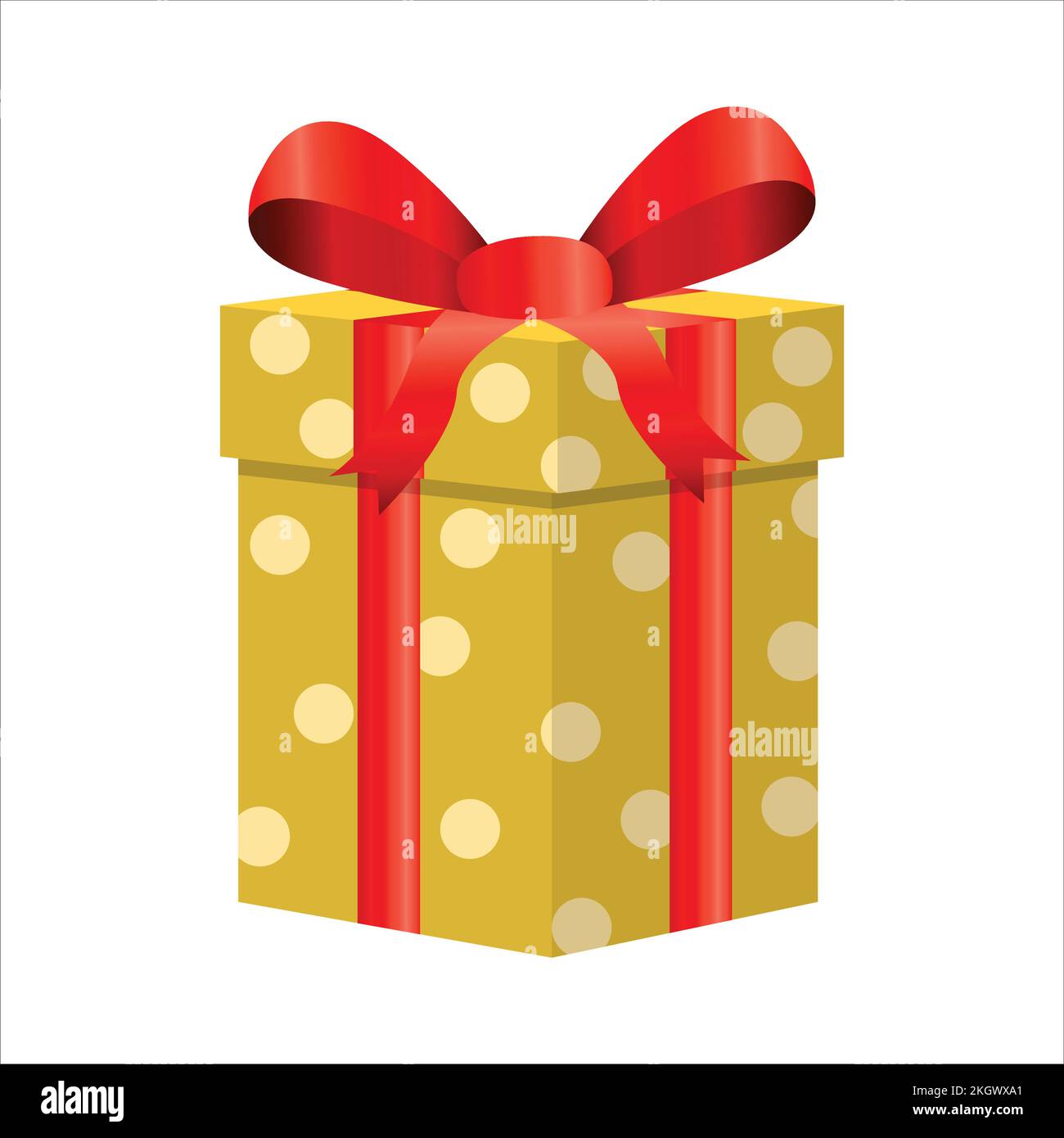 Weihnachtsgeschenk mit Vektordesign auf weißem Hintergrund. Rundes Geschenkkarton-Design mit gelbem Geschenkpapier, weißer runder Form und rotem Farbband. Gi Stock Vektor