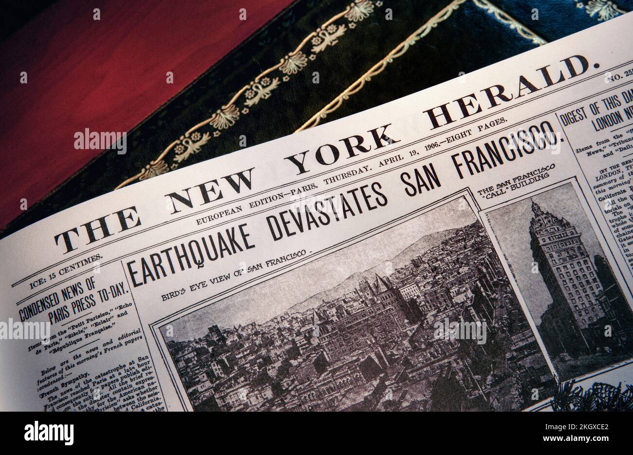 EARTHQUAKE SAN FRANCISCO The New York Herald Headline mit Erdbeben und anschließendem Brand im April 19. 1906. „ERDBEBEN VERWÜSTEN SAN FRANCISCO“ Stockfoto