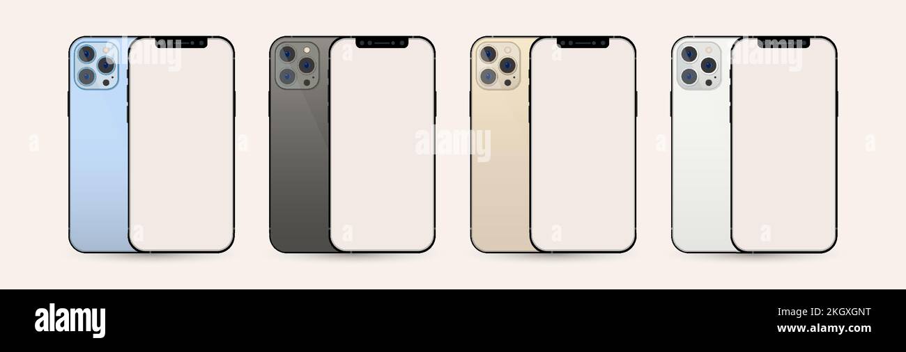 IPhone mobiles Set Vektor mit bunten Rahmen und einer Dreifachkamera. Rückseite und Vorderseite des Mobiltelefons mit leeren Bildschirmen. Realistisches Handy, Stock Vektor