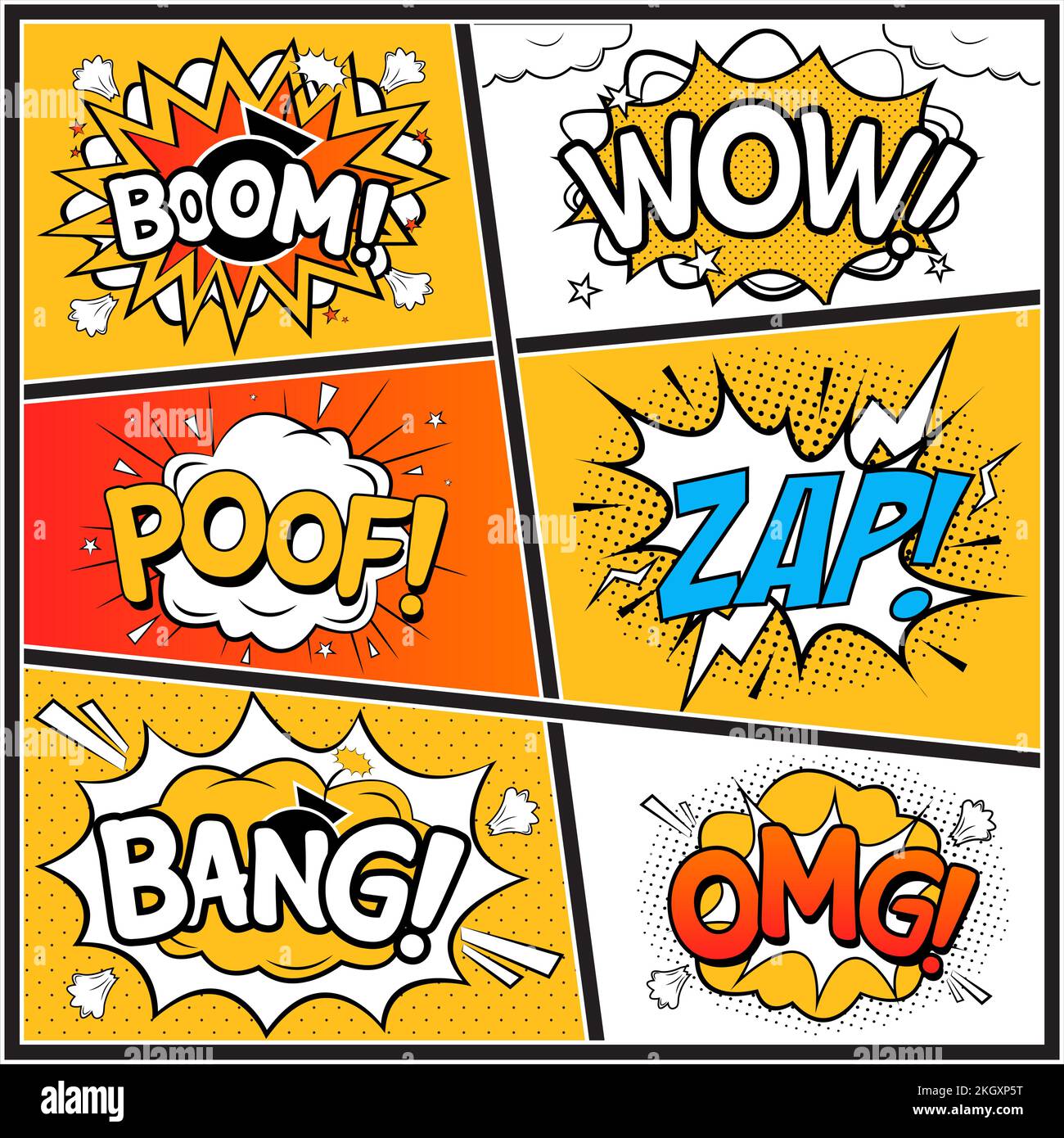 Comic-Explosionsvektor mit Text-Bubbles-Sammlung. Comic-Set mit bunten Wörtern Wolken. Sammlung lustiger Explosionsblasen für Comic sp Stock Vektor