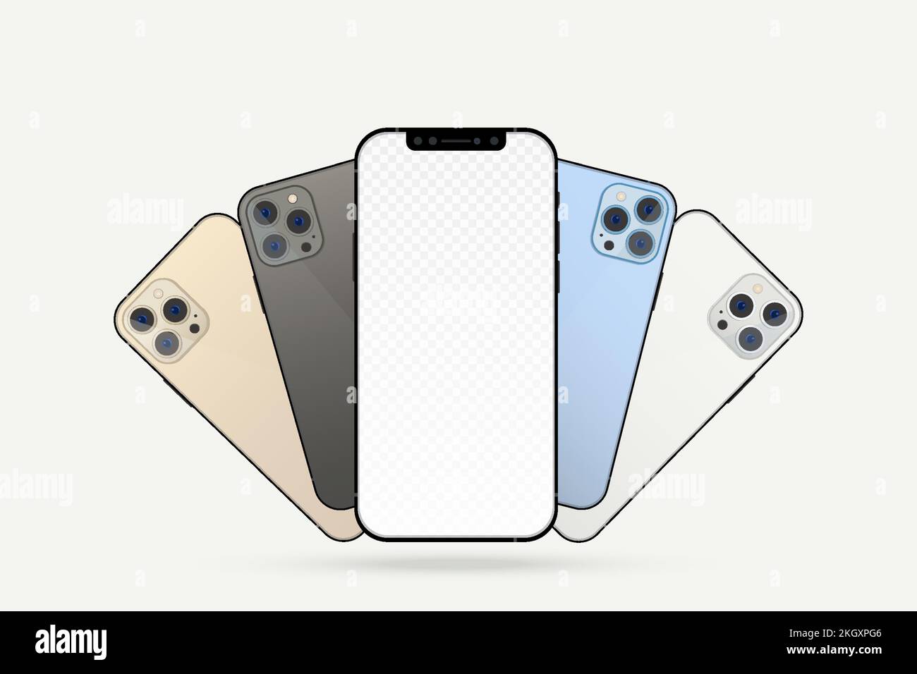 IPhone-Modell mit farbenfrohen Rahmen und einer mobilen Kamera. Ansicht von Rückseite und Vorderseite des Mobiltelefons mit der Taschenlampe. Realistisches Handy, Rahmen, tr Stock Vektor