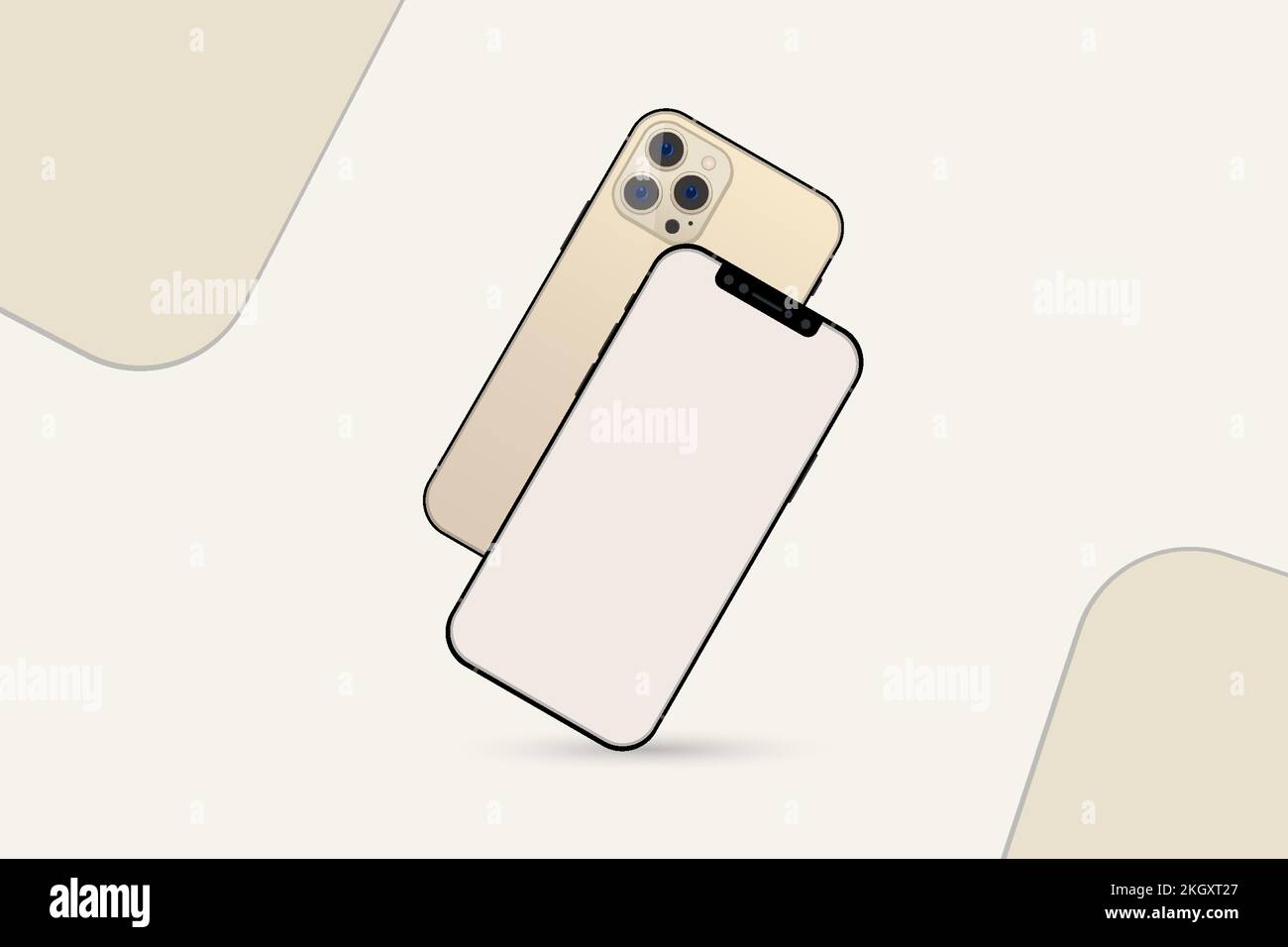 IPhone mobiles Set Vektor mit einem cremefarbenen Rahmen und einer Dreifachkamera. Rückseite und Vorderseite des Mobiltelefons mit leeren Bildschirmen. Realistisches Zellpho Stock Vektor