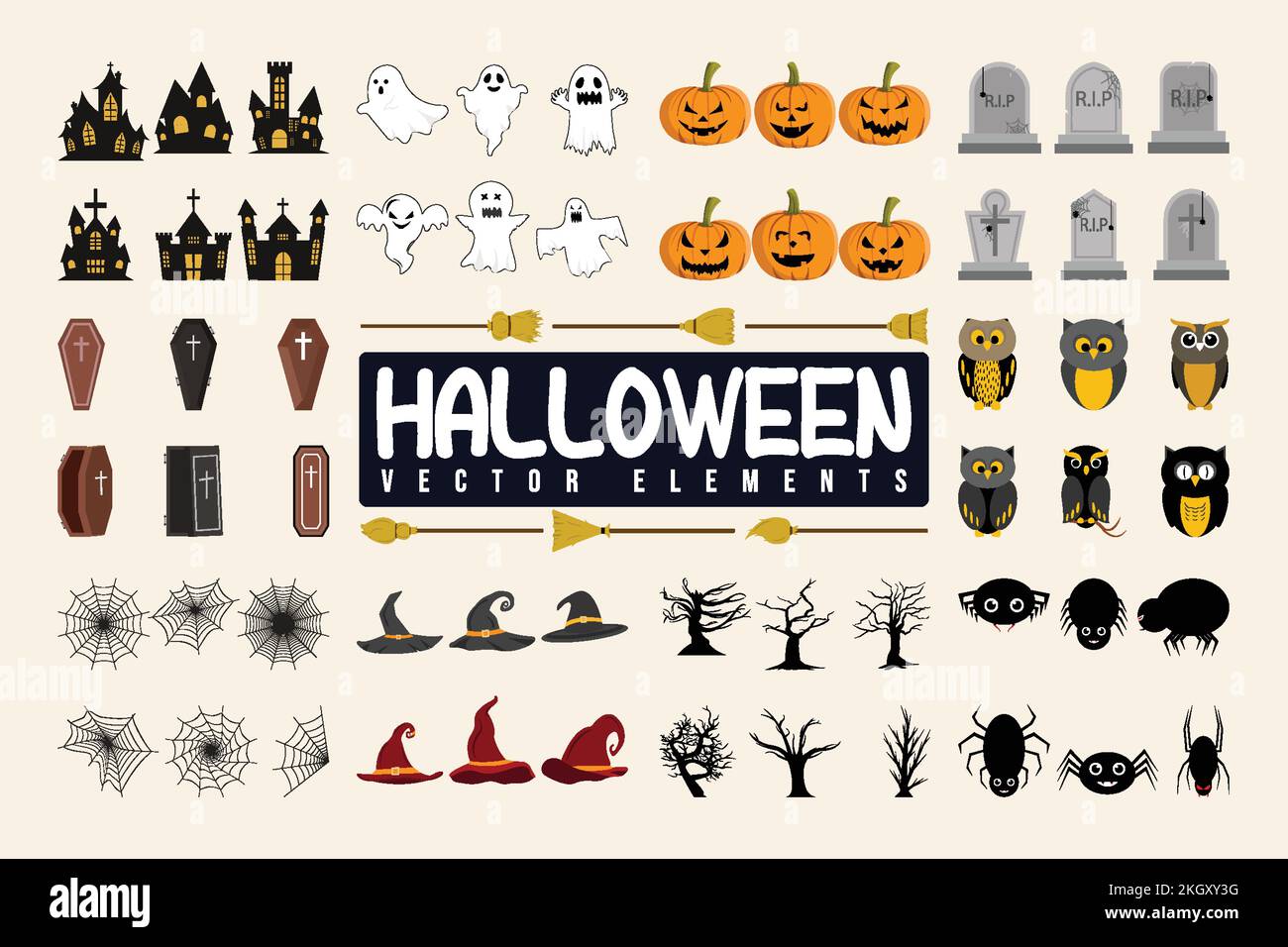 Halloween-Element-Bündel-Symbol für T-Shirts. Särge, Geist, Spinne, Hut, Besen, Toter Baum, Eule, Spukhaus, Grabstein, Kürbis, Usw. Stock Vektor