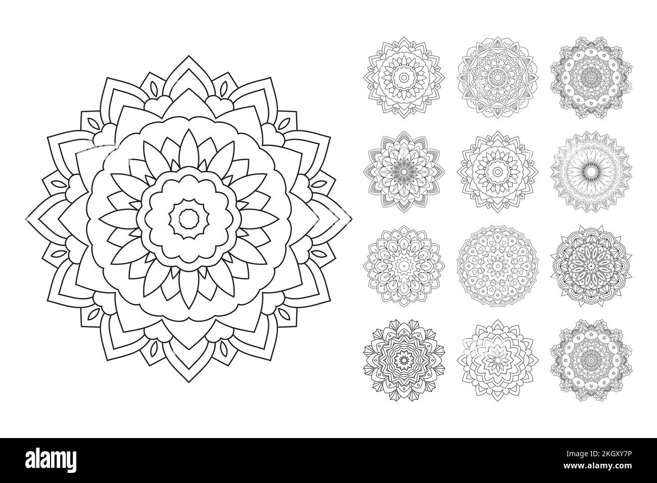 Mandala-Farbseitenvektor. Mandala Line Art-Paket. Schwarzweißes Mandalamuster. Vektor des Blumenmusters. KDP Innenbereich SVG-Datei. Mandala-Fluss Stock Vektor
