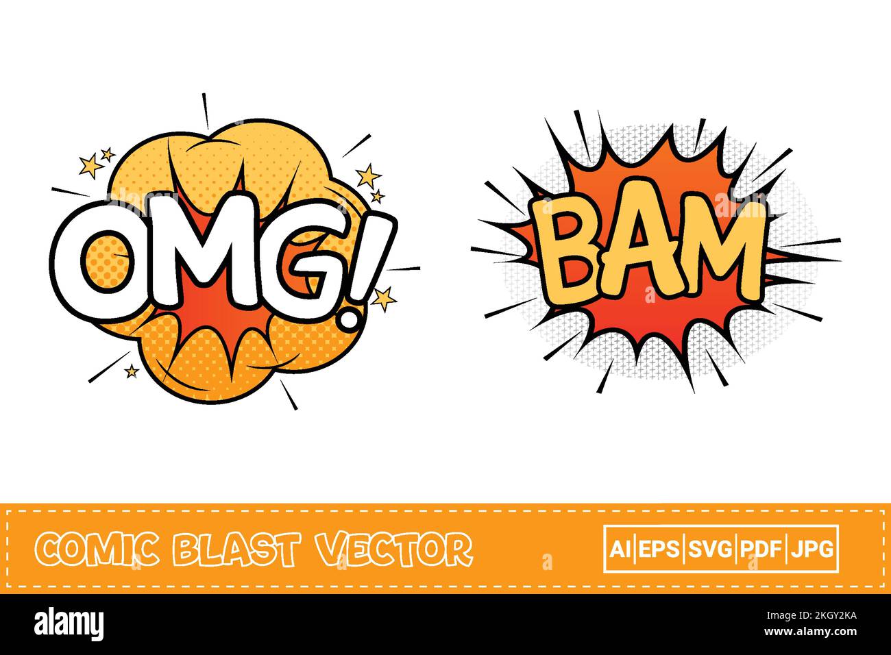 BAM-Comic-Explosion in Gelb und Rot. OMG-Comic-Blast in Orange, Gelb und Weiß. Comic-Explosion mit Sternen. BAM-Explosion Stock Vektor