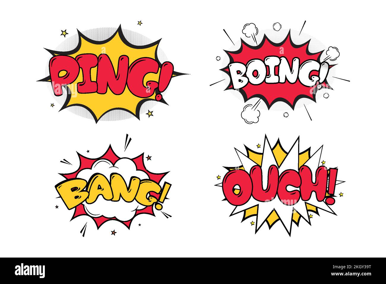 Ping-Boing-Comic mit weißen, roten und gelben Farben. Autsch Bang Comic-Explosion in Gelb, Weiß und Rot. Comic-Burst mit farbenfrohem Clan Stock Vektor