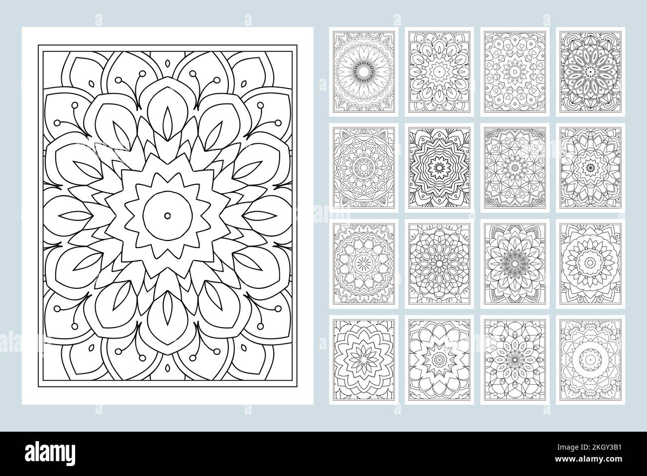 Mandala-Farbseitenhintergrund. Mandala KDP Interieur SVG-Datei. Mandala-Mustervektor. Schwarzweiß-Farbseitenmuster. Mandala KDP Colori Stock Vektor