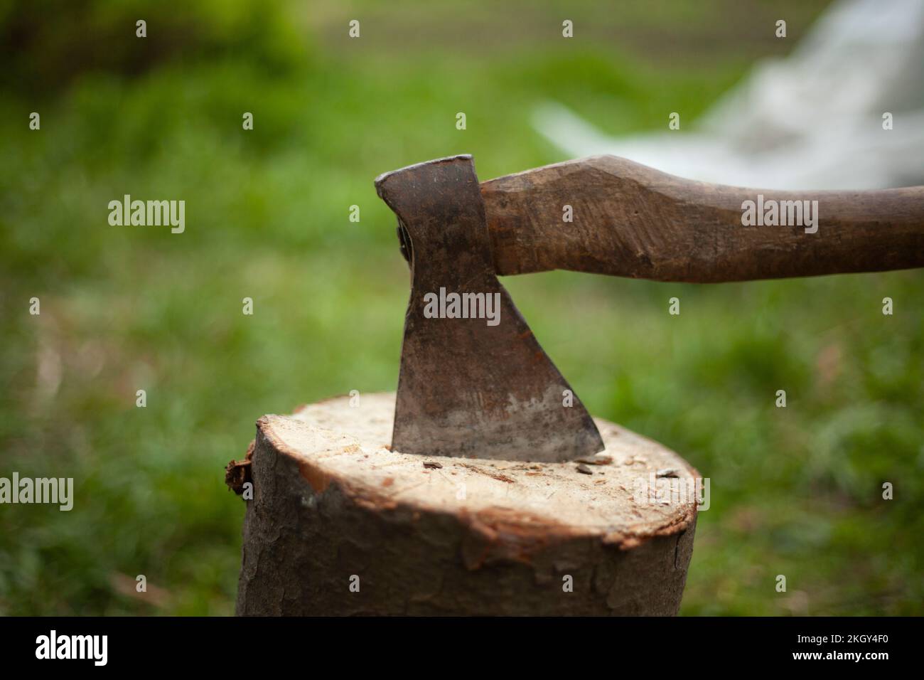 Axt in Log. Axt zum Hacken von Brennholz. Gartenwerkzeug. Alte rostige Axt. Stockfoto