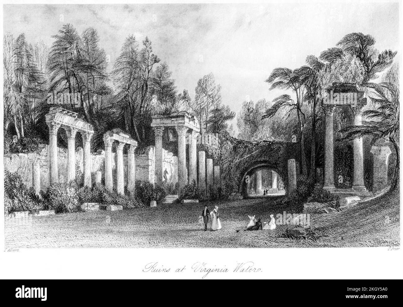Eine Gravur der Ruinen von Leptis Magna in Virginia Water, Surrey UK, gescannt mit hoher Auflösung aus einem Buch, das 1850 gedruckt wurde. Glaubte, dass es keine Urheberrechte gibt Stockfoto
