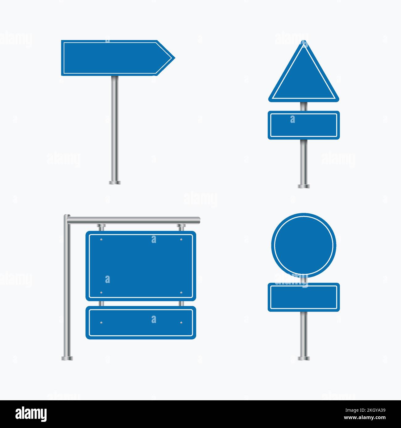 Verkehrszeichen-Vektor. Blaue Verkehrsschilder. Leeres Werbeschild. Straßenschilder auf weißem Hintergrund. Farbenfrohe Schilder mit leeren Hinweisschildern. Anzeige Stock Vektor